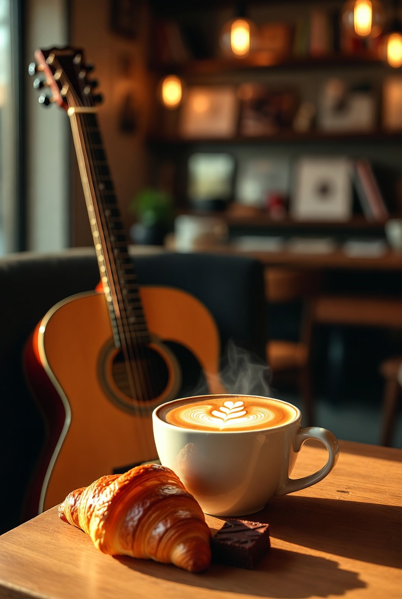 Acoustic guitar with steaming latte art and croissant