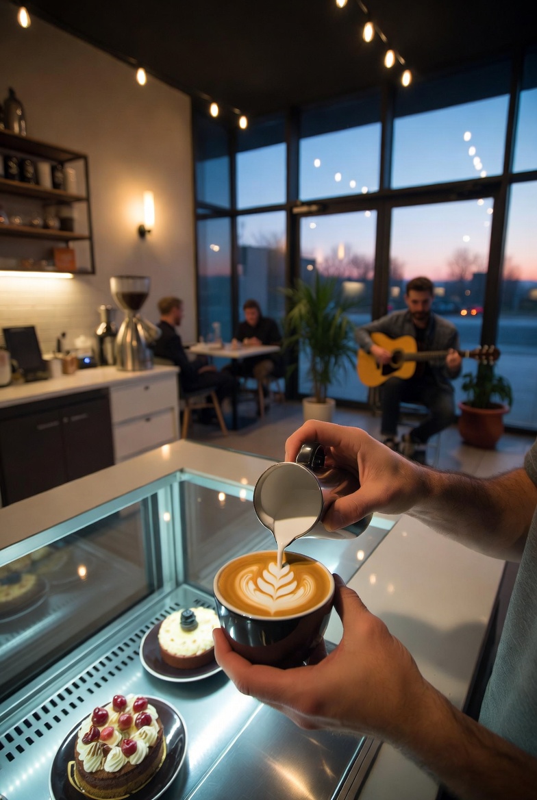 Barista pouring latte art with live guitarist in background