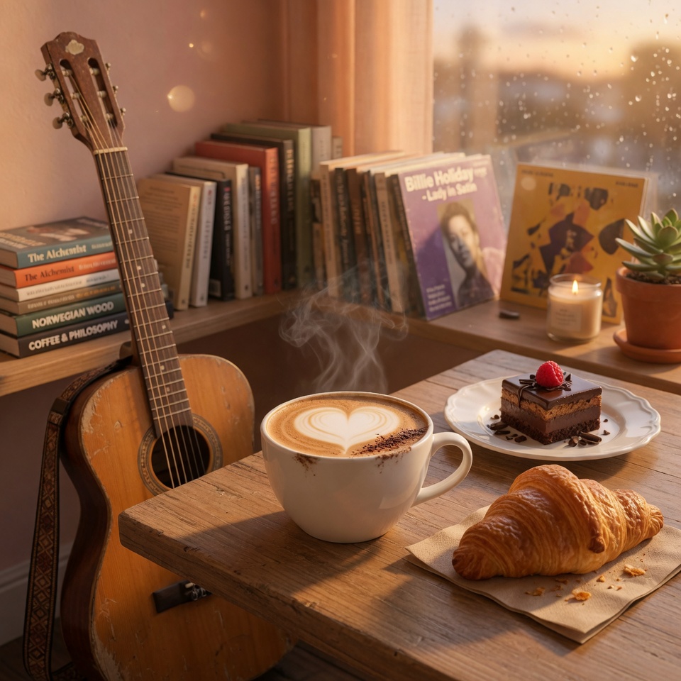 Cozy corner with guitar, books, and heart latte art