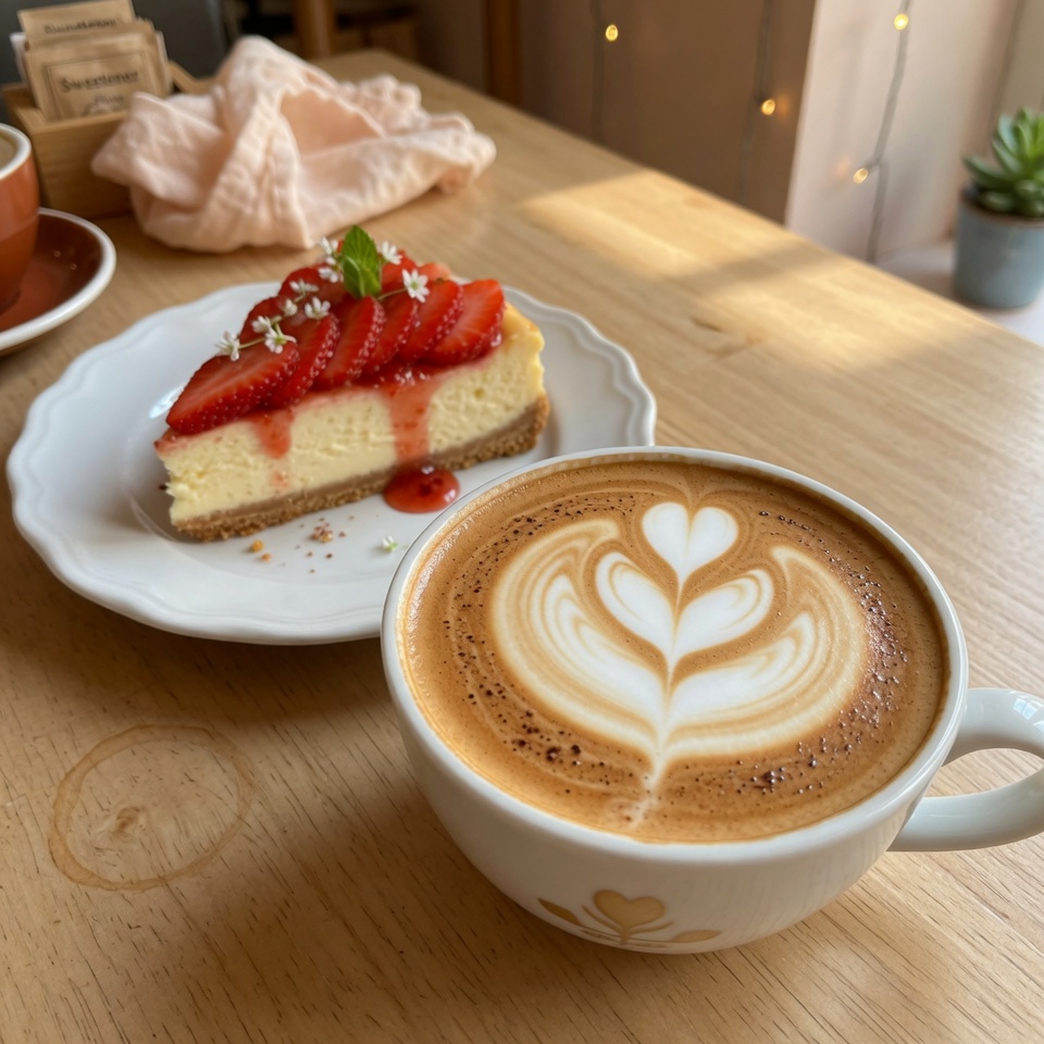 Strawberry cheesecake slice with beautiful latte art